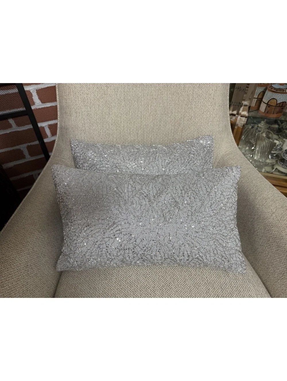 Metro Decor Sequin Lumbar Throw Pillows Gray Silver 12x20 Set of 2 Duck Feather